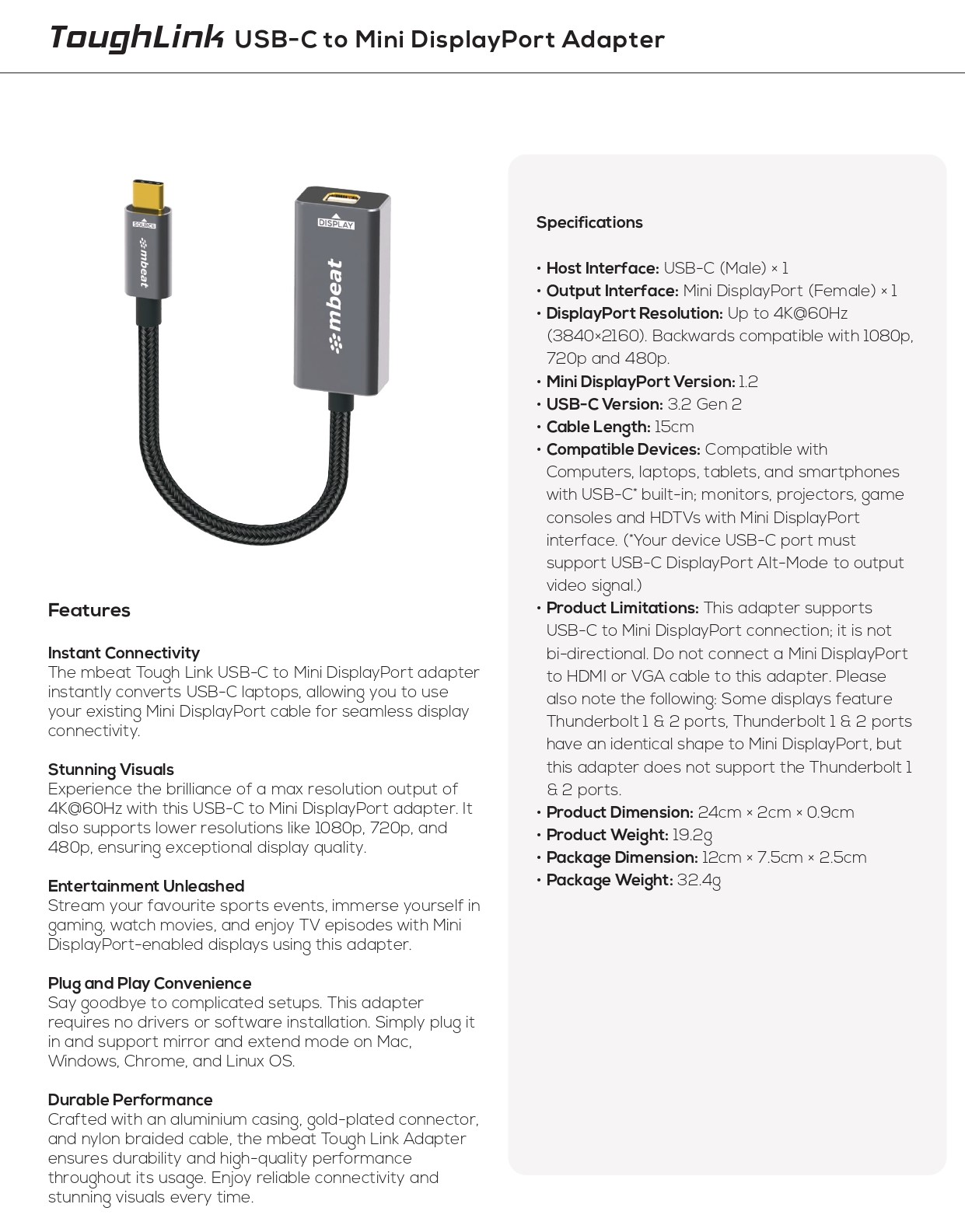 A large marketing image providing additional information about the product mbeat Tough Link USB-C to Mini DisplayPort Adapter - Additional alt info not provided